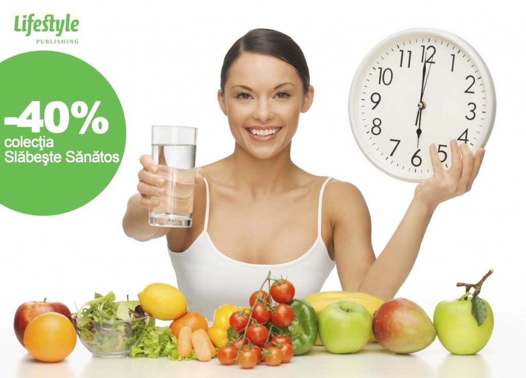 beautiful woman with healthy food water and clock